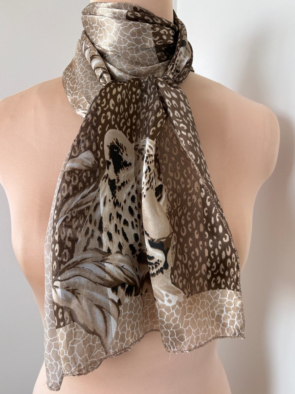 Silky Brown Tones Neck Scarf Patchwork Floral Leopard Giraffe Animal Print